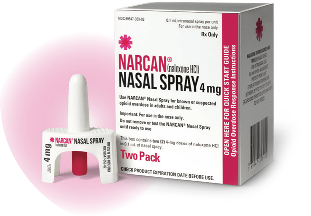 NARCAN naloxone nasal spray, 4 mg, two-pack carton with a single nasal spray device.